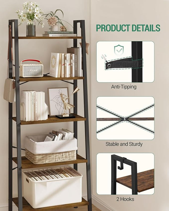 Ladder Shelf, Bookshelf Bookcase, Freestanding Corner Storage Shelve with 2 Hooks for Home Office, Living Room, Kitchen, Bedroom, Industrial, 5-Tier Rustic Brown BC19301B - LeafyLoom