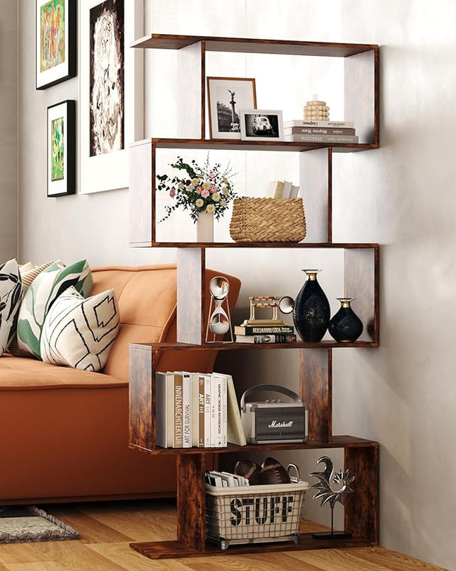 Yusong Bookshelf 5-Tier, Geometric Bookcase S Shaped Book Shelves for Bedroom, Modern Industrial Wood Decorative Display Shelf Book Case for Home Office, Rustic Brown - LeafyLoom