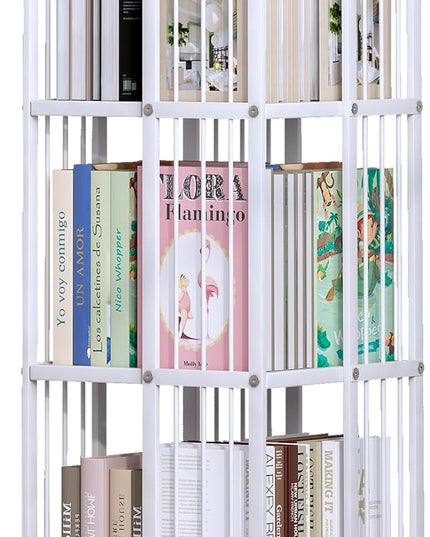 Rotating Bookcase White 3 Tiers Metal Large Capacity Bookshelf, 360°Cubic for Small Space with Storage and Creative Multi-Layer Shelves,Magazine Books for Bedroom Living Room Study Office - LeafyLoom