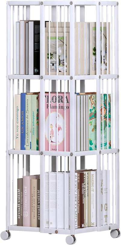 Rotating Bookcase White 3 Tiers Metal Large Capacity Bookshelf, 360°Cubic for Small Space with Storage and Creative Multi-Layer Shelves,Magazine Books for Bedroom Living Room Study Office - LeafyLoom