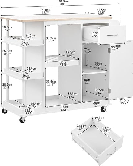 40Inch Kitchen Cart with Adjustable Cabinet Shelves, Rubber Wood Top, 5 Wheels, Mobile Storage Island w/Wine Rack,Spice Rack, for Dining Room, Home Bar - LeafyLoom