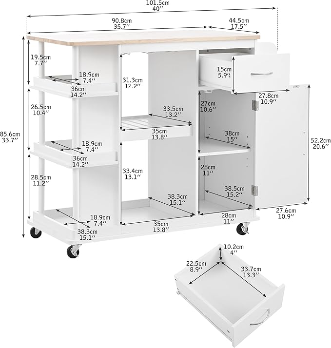 40Inch Kitchen Cart with Adjustable Cabinet Shelves, Rubber Wood Top, 5 Wheels, Mobile Storage Island w/Wine Rack,Spice Rack, for Dining Room, Home Bar - LeafyLoom