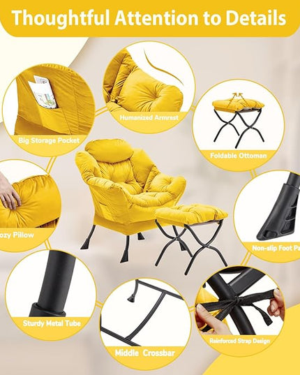 Lazy Chair with Folding Ottoman, Accent Chair Velvet Upholstered with Metal Structure and Non-Slip Pads, Sofa Armchair with Footrest and Side Storage Bag for Dorm, Room, Office, Yellow - LeafyLoom