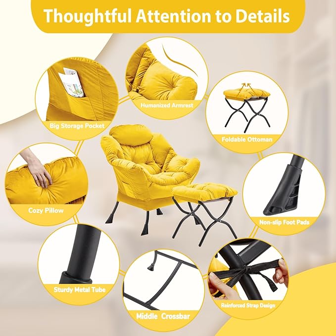 Lazy Chair with Folding Ottoman, Accent Chair Velvet Upholstered with Metal Structure and Non-Slip Pads, Sofa Armchair with Footrest and Side Storage Bag for Dorm, Room, Office, Yellow - LeafyLoom