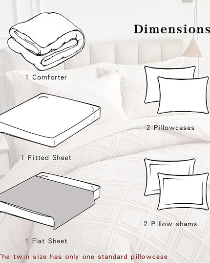 7 Pieces Tufted Bed in a Bag King Comforter Set with Sheets Beige, Soft and Embroidery Shabby Chic Boho Bohemian, Luxury Solid Color with Diamond Pattern, Jacquard Tufts Bedding Set for All Season - LeafyLoom