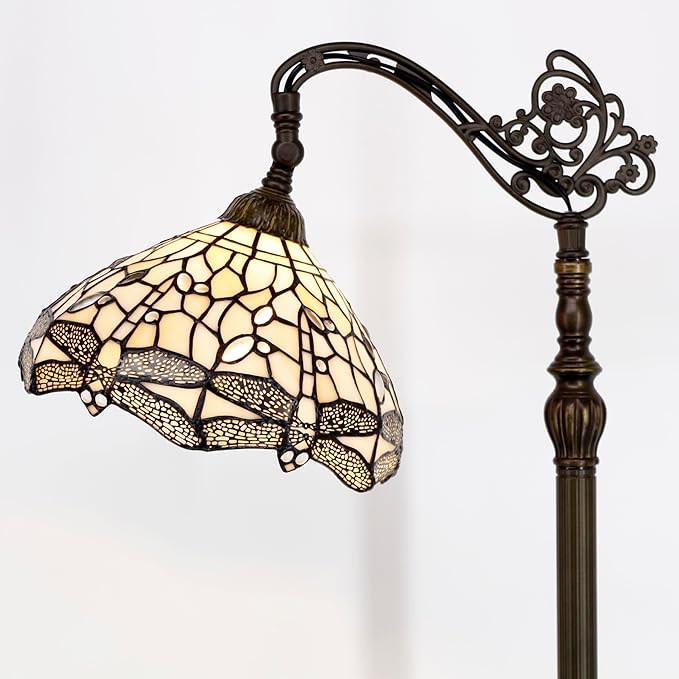 WERFACTORY Tiffany Floor Lamp Cream Stained Glass Dragonfly Arched Lamp 12X18X64 Inches Gooseneck Adjustable Corner Standing Reading Light Decor Bedroom Living Room S139 Series - LeafyLoom