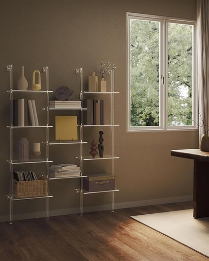 Acrylic Bookshelf, Wall Mounted, 4-Tier Clear Ladder Bookshelf with 11 Open Shelves, Multipurpose Bookcase for Living Room, Bathroom, Office, Modern, 9.5" D x 43.5" W x 59.4" H - LeafyLoom