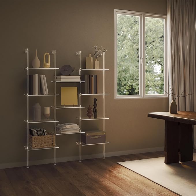 Acrylic Bookshelf, Wall Mounted, 4-Tier Clear Ladder Bookshelf with 11 Open Shelves, Multipurpose Bookcase for Living Room, Bathroom, Office, Modern, 9.5" D x 43.5" W x 59.4" H - LeafyLoom