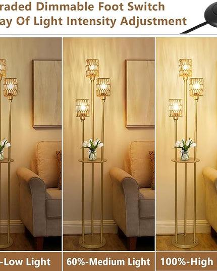 Dimmable Boho Floor Lamps for Living Room, 3-Lights Farmhouse Floor Lamp with 3-Way Foot Switch, Gold Floor Lamp with Shelves, Rustic Standing Lamp with Rattan Shades, Tall Lamps for Bedroom - LeafyLoom