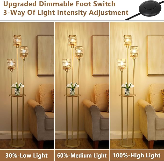 Dimmable Boho Floor Lamps for Living Room, 3-Lights Farmhouse Floor Lamp with 3-Way Foot Switch, Gold Floor Lamp with Shelves, Rustic Standing Lamp with Rattan Shades, Tall Lamps for Bedroom - LeafyLoom