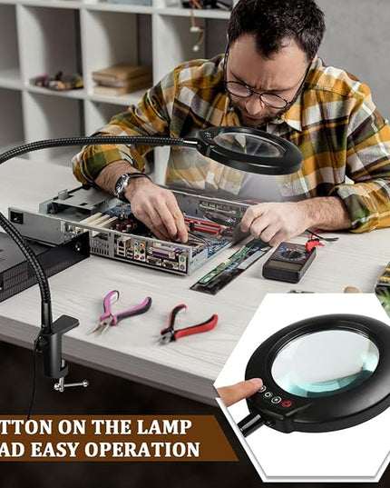 VEEMAGNI 10X Magnifying Glass with Light and Clamp, 23" Gooseneck 5 Color Modes Stepless Dimmable LED Desk Lamp, Real Glass Table Lighted Magnifier Hands Free for Craft Painting Sewing Close Work - LeafyLoom