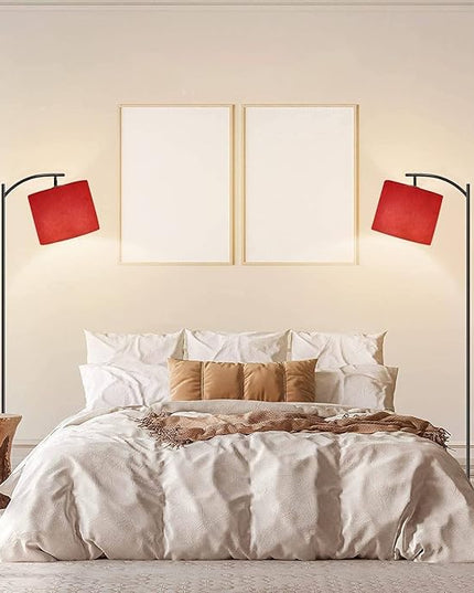 Modern Arc Floor Lamp with Dimmer Mid Century Abstract red Brushed Texture Cement Concrete Metal Standing Lamp with Linen Shade Footswitch for Living Room Bedroom Office - LeafyLoom