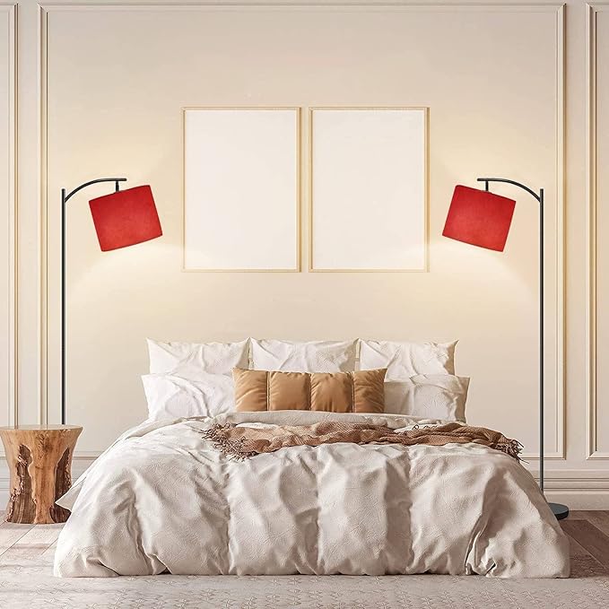 Modern Arc Floor Lamp with Dimmer Mid Century Abstract red Brushed Texture Cement Concrete Metal Standing Lamp with Linen Shade Footswitch for Living Room Bedroom Office - LeafyLoom