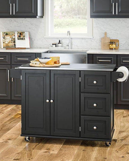 Homestyles Kitchen Cart with Stainless Steel Metal Top, Rolling Mobile Kitchen Island with Storage and Towel Rack, 54 Inch Width, Black - LeafyLoom