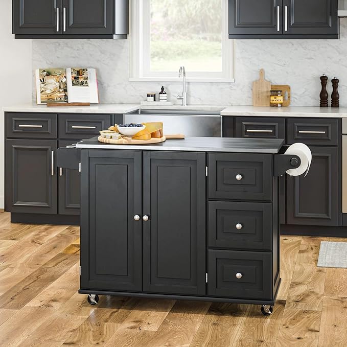 Homestyles Kitchen Cart with Stainless Steel Metal Top, Rolling Mobile Kitchen Island with Storage and Towel Rack, 54 Inch Width, Black - LeafyLoom