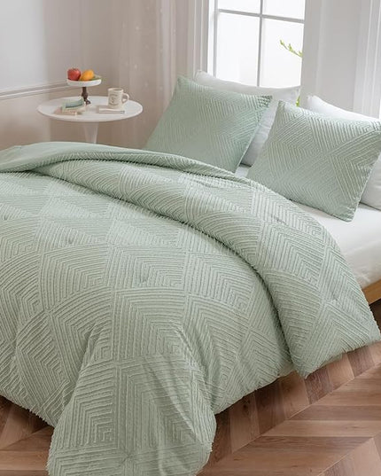 California King Comforter Set Sage Green, Shabby Chic Tufted Design Cal Bed Comforter Fluffy for All Seasons 3PCS (1 Comforter 104"x96", 2 Pillowcases 20X36) - LeafyLoom