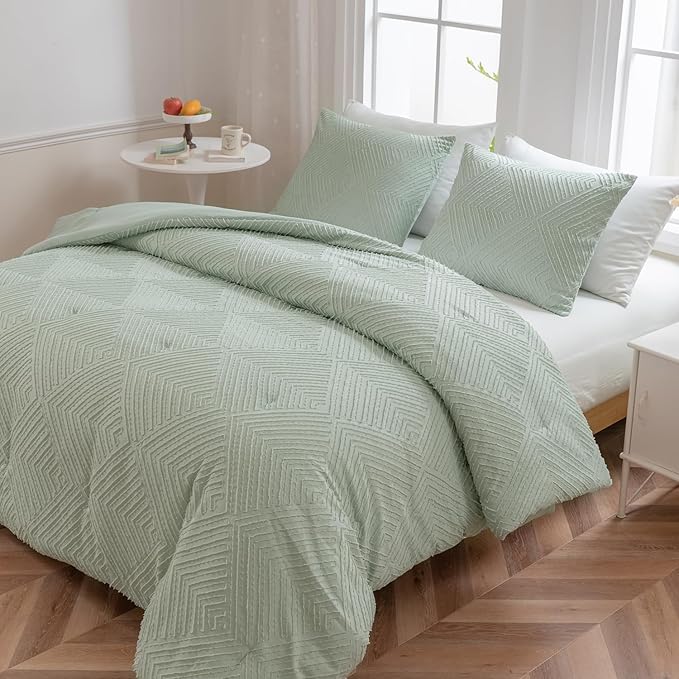 California King Comforter Set Sage Green, Shabby Chic Tufted Design Cal Bed Comforter Fluffy for All Seasons 3PCS (1 Comforter 104"x96", 2 Pillowcases 20X36) - LeafyLoom