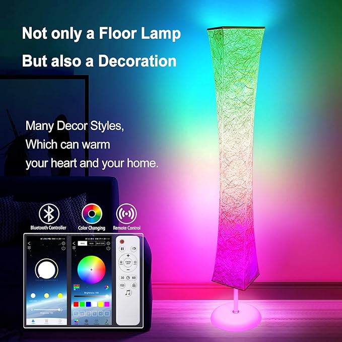 Floor Lamp, RGB Color Changing, Smart Control Music Sync with Fabric Shade, Standing Lamp for Living Room Bedroom Game Room, 62 inch - LeafyLoom