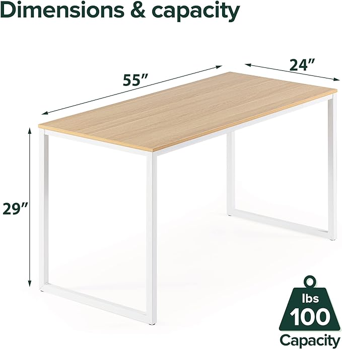 ZINUS Jennifer 55 Inch White Frame Desk, Computer Workstation, Office Desk, Dining Table, Easy Assembly, Natural - LeafyLoom