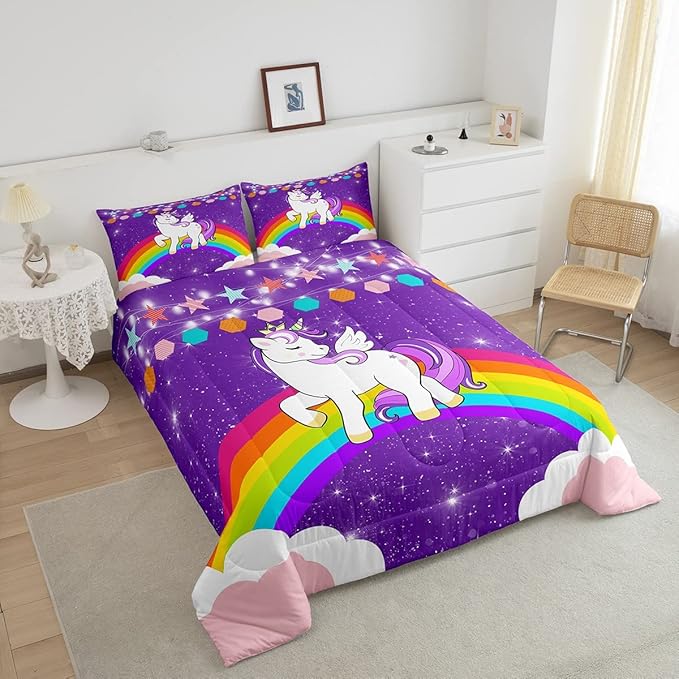 Kids Unicorn Comforter Set Queen Cartoon Rainbow Bedding Set for Girls Children Purple Cute Unicorn Glitter Down Comforter Kawaii Galaxy Stars Fantasy Geometric Room Decor Bedding Comforters & Sets - LeafyLoom