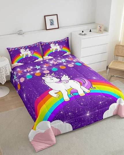 Girls Unicorn Comforter Set Twin Rainbow Bedding Set Cute Unicorn Glitter Down Comforter Kids Cartoon Kawaii Quilt Set Galaxy Stars Fantasy Room Decor Children Girly Unicorn Reversible Purple - LeafyLoom