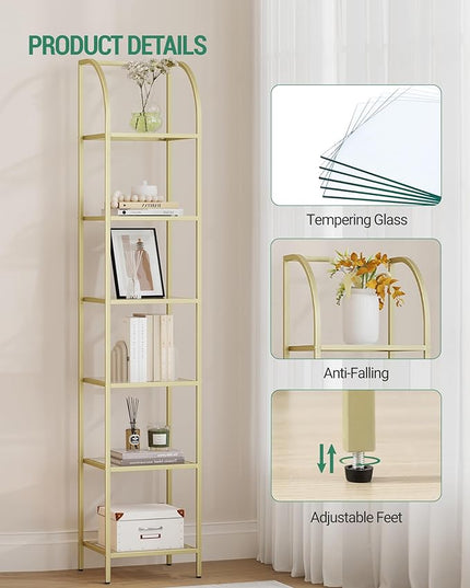 Bookcase Bookshelf, Tempered Glass Arched Bookshelf for More Storage, Slim Shelving Unit for Bedroom, Bathroom, Home Office, Steel Frame, 6 Tier Gold BC20699G - LeafyLoom