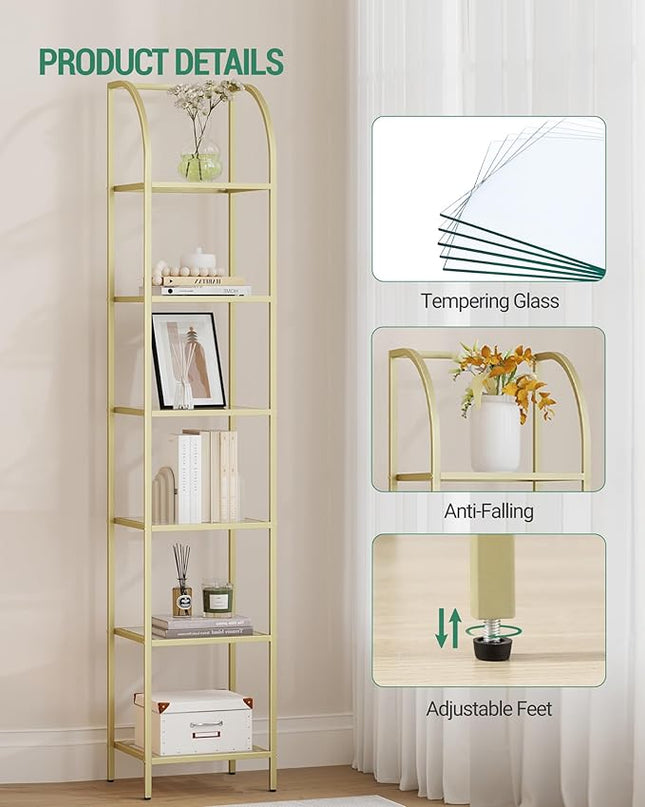 Bookcase Bookshelf, Tempered Glass Arched Bookshelf for More Storage, Slim Shelving Unit for Bedroom, Bathroom, Home Office, Steel Frame, 6 Tier Gold BC20699G - LeafyLoom