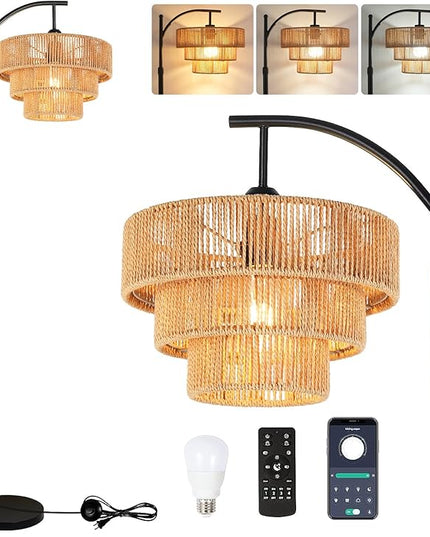 Boho Floor Lamp for Living Room with Remote,Arc Floor Lamps Rattan Standing Lamp Dimmable Farmhouse Tall Lamp with 3-Tier Wicker Lamp Shade Adjustable Black Floor Light for Bedroom Bohemian - LeafyLoom