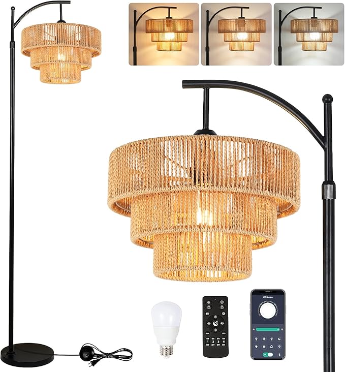 Boho Floor Lamp for Living Room with Remote,Arc Floor Lamps Rattan Standing Lamp Dimmable Farmhouse Tall Lamp with 3-Tier Wicker Lamp Shade Adjustable Black Floor Light for Bedroom Bohemian - LeafyLoom
