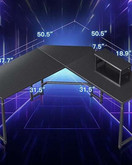 Casaottima L Shaped Gaming Desk with Monitor Stand, Corner Desk Gaming Table for Home Office, Computer Desk Sturdy Writing Workstation for Small Space, 51 inch, Carbon Fiber Surface, Black - LeafyLoom