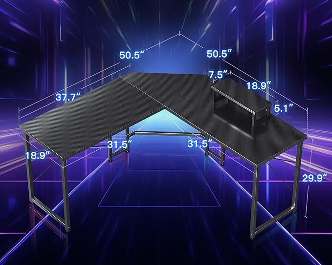 Casaottima L Shaped Gaming Desk with Monitor Stand, Corner Desk Gaming Table for Home Office, Computer Desk Sturdy Writing Workstation for Small Space, 51 inch, Carbon Fiber Surface, Black - LeafyLoom