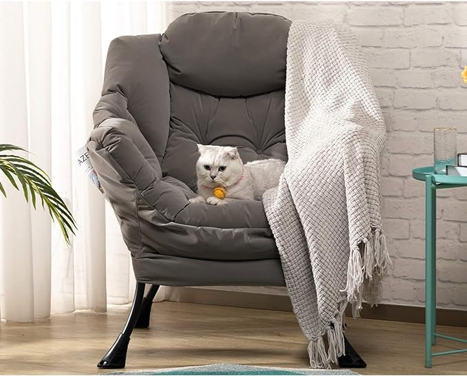 AcozyHom Modern Fabric Large Lazy Chair, Accent Oversized Comfy Reading Chair, Thick Padded Cozy Lounge Chair with Armrest, Steel Frame Leisure Sofa Chair for Living Room, Bedroom, Dorm, Grey - LeafyLoom