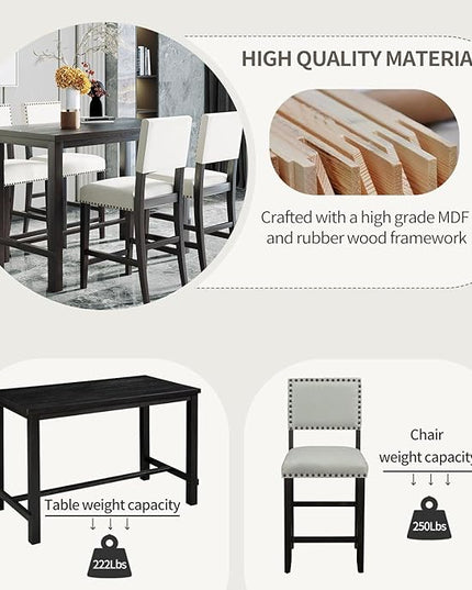 5 Piece Counter Height Dining Set for 4 Person, Include Classic Elegant Solid Wood Table and Four Padded Backrest Chairs, Farmhouse Home Furniture for Kitchen, Living Room, Espresso+Light Gray - LeafyLoom