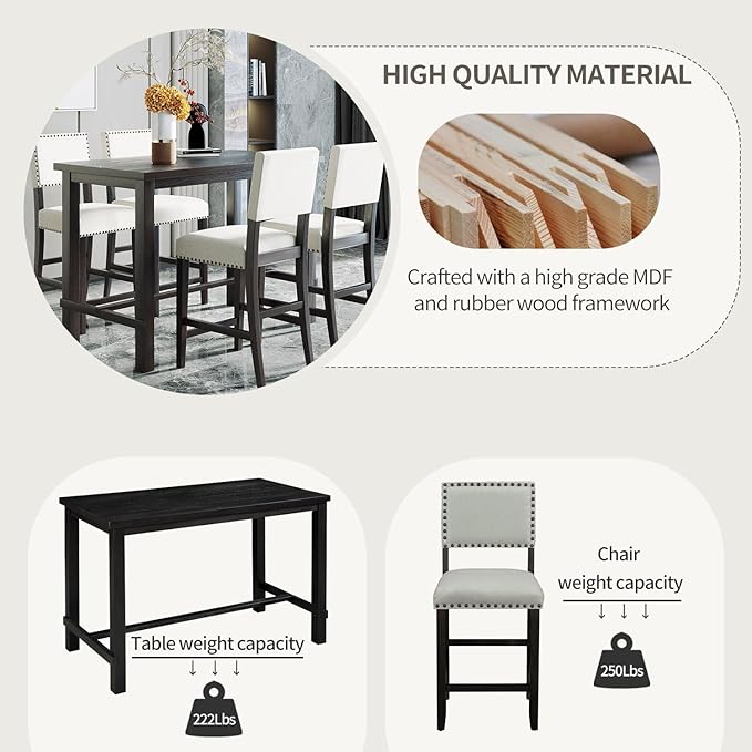 5 Piece Counter Height Dining Set for 4 Person, Include Classic Elegant Solid Wood Table and Four Padded Backrest Chairs, Farmhouse Home Furniture for Kitchen, Living Room, Espresso+Light Gray - LeafyLoom