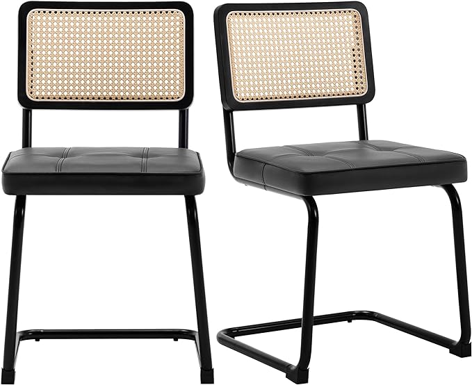 Rattan Dining Chairs Set of 2, Mid Century Modern PU Leather Dining Room Kitchen Chairs with Cane Back, Metal Chrome Legs, Upholstered Wicker Armless Accent Chairs, Black - LeafyLoom