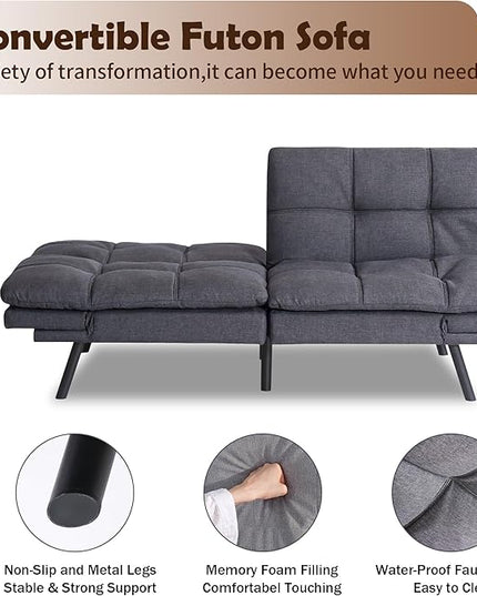 Futon Sofa Bed, Memory Foam Futon Sleeper Sofa Loveseat Convertible Couch Bed for Small Compact Living Spaces,Apartment,Grey Linen Fabric - LeafyLoom