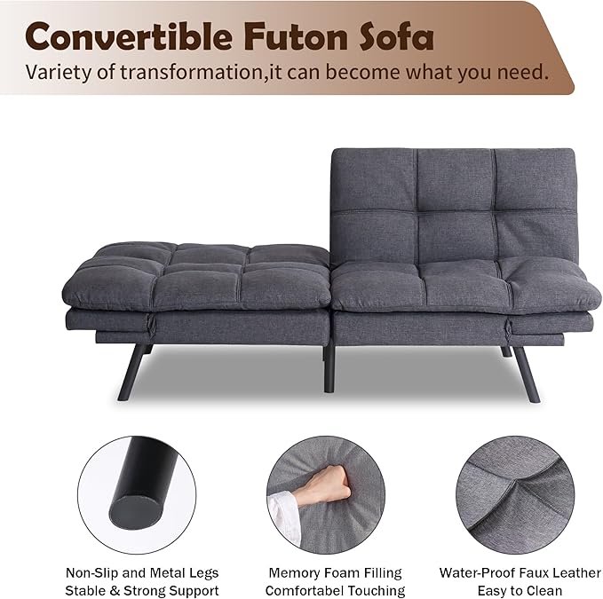 Futon Sofa Bed, Memory Foam Futon Sleeper Sofa Loveseat Convertible Couch Bed for Small Compact Living Spaces,Apartment,Grey Linen Fabric - LeafyLoom