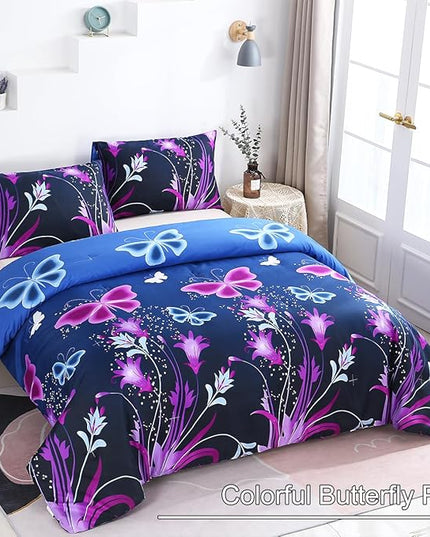 WINLIFE Butterfly Comforter Set Full Size for Girls Purple Blue Black Butterflies Printed Bedding Set for All Season, Soft Breathable & Light Bed Sets - LeafyLoom