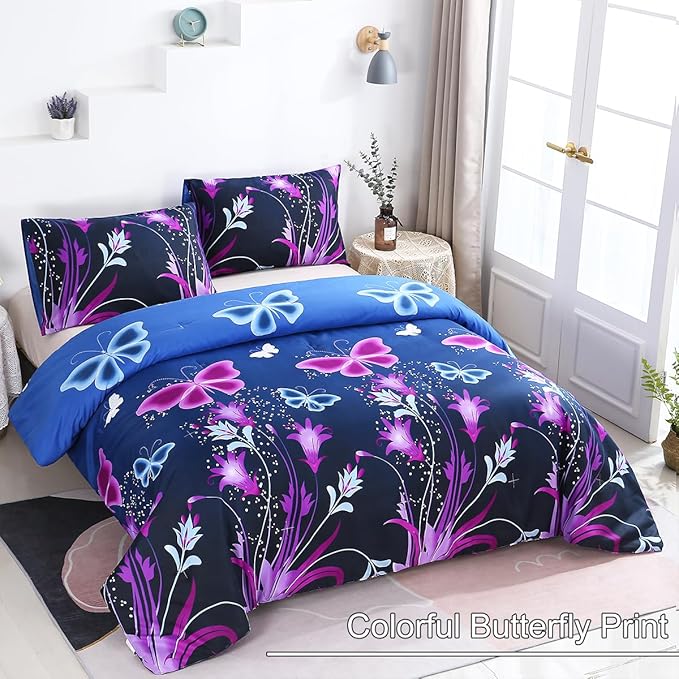 WINLIFE Butterfly Comforter Set Full Size for Girls Purple Blue Black Butterflies Printed Bedding Set for All Season, Soft Breathable & Light Bed Sets - LeafyLoom