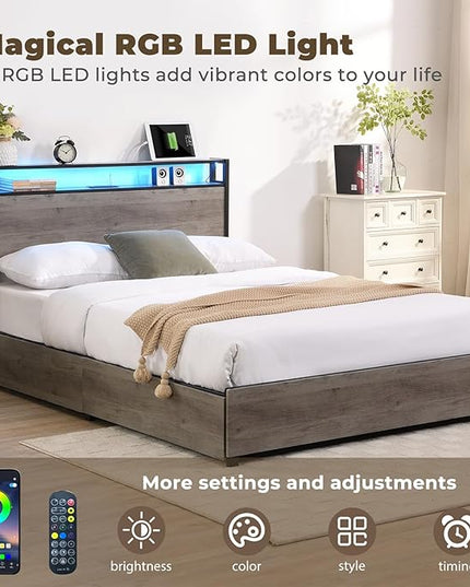 LED Full Bed Frame with 4 Storage Drawers & Charging Station, Platform Metal Bed Frame with Headboard, Noise-Free, No Box Spring Needed, Ancient gray - LeafyLoom