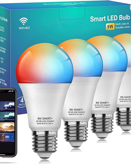 Smart Light Bulbs 4Pack, WiFi & Bluetooth 5.0, App Control, Color Changing LED Bulb, A19 E26 800LM Dimmable RGB Lights, 2700~6500K, Smart Home Lighting Works with Alexa Google Assistant Vanance
