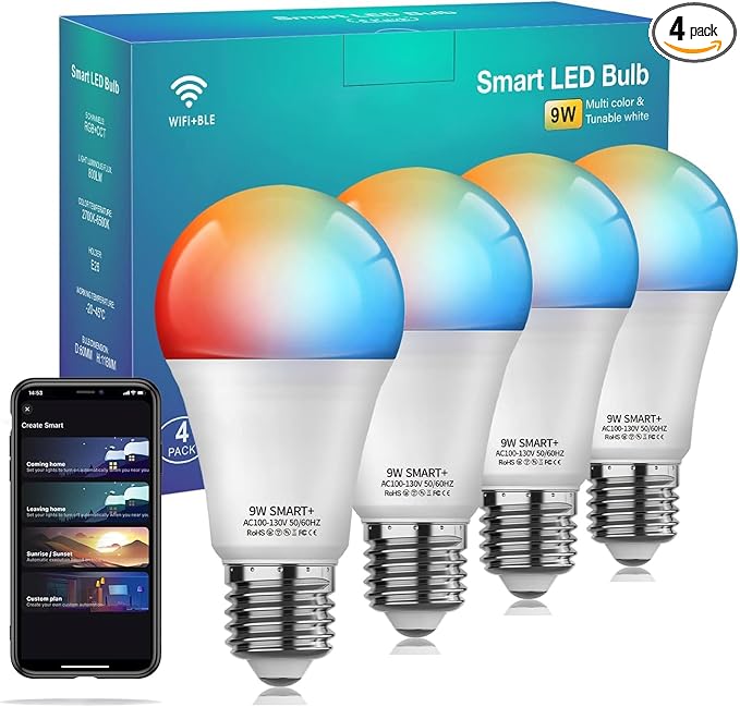 Smart Light Bulbs 4Pack, WiFi & Bluetooth 5.0, App Control, Color Changing LED Bulb, A19 E26 800LM Dimmable RGB Lights, 2700~6500K, Smart Home Lighting Works with Alexa Google Assistant Vanance