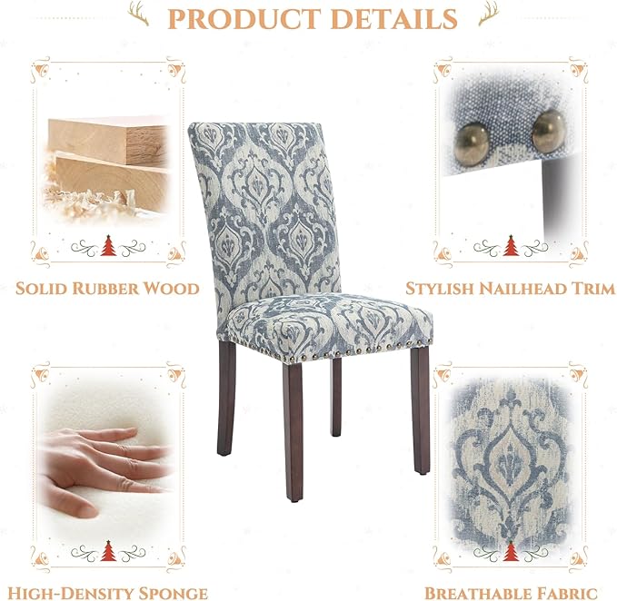 Parsons Dining Chairs Set of 2, Upholstered Nailhead Dining Room Kitchen Side Chair with Thick Cushions and Wood Legs, White/Blue - LeafyLoom
