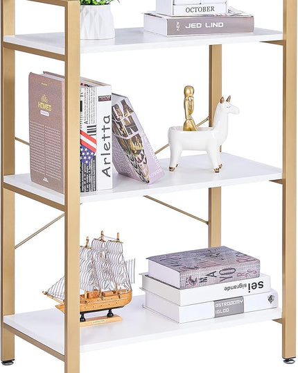 BEWISHOME 3 Tier Bookshelf, Modern Small Book Shelf for Small Spaces, White Gold Wooden Shelves for Bedroom Living Room and Home Office, 13.78" D x 24.12" W x 37.09" H, JCJ42M - LeafyLoom