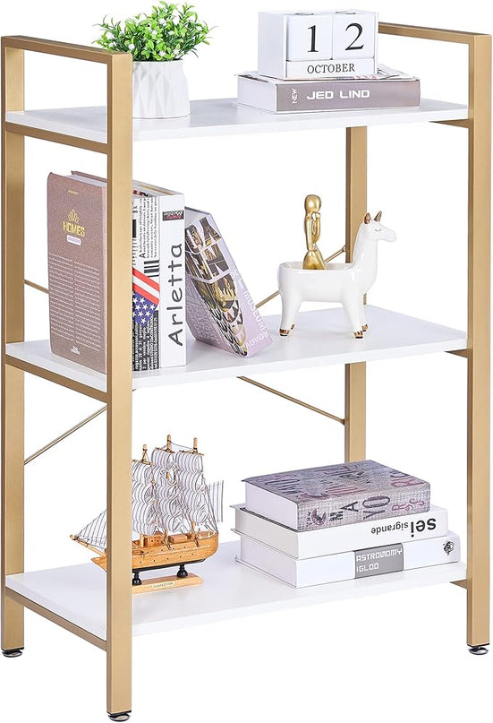 BEWISHOME 3 Tier Bookshelf, Modern Small Book Shelf for Small Spaces, White Gold Wooden Shelves for Bedroom Living Room and Home Office, 13.78" D x 24.12" W x 37.09" H, JCJ42M - LeafyLoom