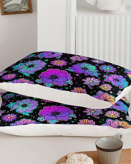 Axolotl Neon Floral Bedding Set Queen,Gradient Floral Comforter Set for Girls,Colorful Flower Bedding Set Stars,Galaxy Series Comforter for Kids Boys Girls Teens Adults,1 Quilt 2 Pillowcases,Black - LeafyLoom