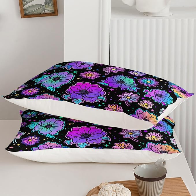Axolotl Neon Floral Bedding Set Queen,Gradient Floral Comforter Set for Girls,Colorful Flower Bedding Set Stars,Galaxy Series Comforter for Kids Boys Girls Teens Adults,1 Quilt 2 Pillowcases,Black - LeafyLoom