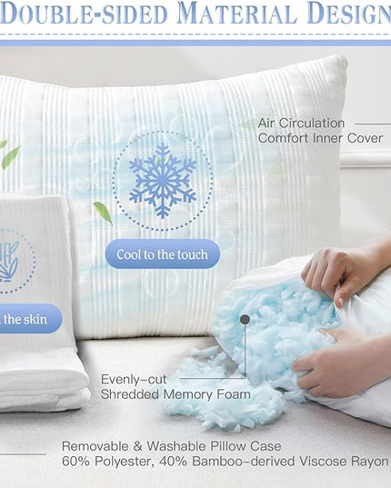 Cooling Pillows for Sleeping Queen Size,Shredded Memory Foam Bed Pillow with Double Sided Material Pillow Case,Adjustable Loft-Slow Rebound Queen Pillow for Side & Back Sleeper - LeafyLoom