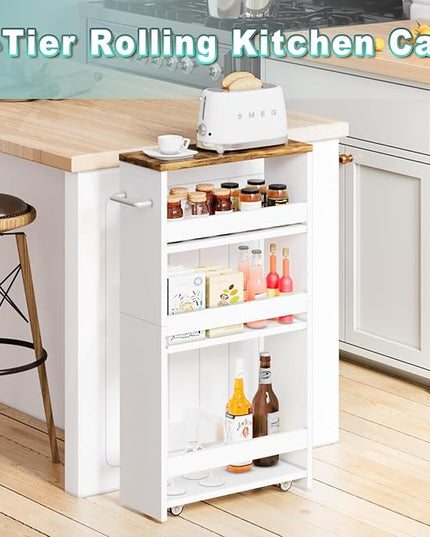 MARTY Rolling Storage Cart 4-Tier White Kitchen cart on Wheels,Slim Storage Cart with Handle Slide Out Utility Cart Shelving Unit Organizer Trolley for Laundry Narrow Places Bathroom Small Corner - LeafyLoom