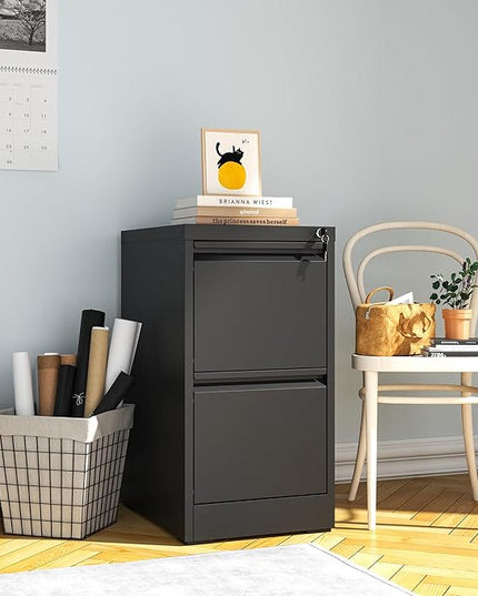 2 Drawer File Cabinet with Lock, Metal Vertical Filing Cabinets for Home Office, Steel Storage Cabinet for Hanging Legal/Letter Size Files, Assembly Required (Black) - LeafyLoom